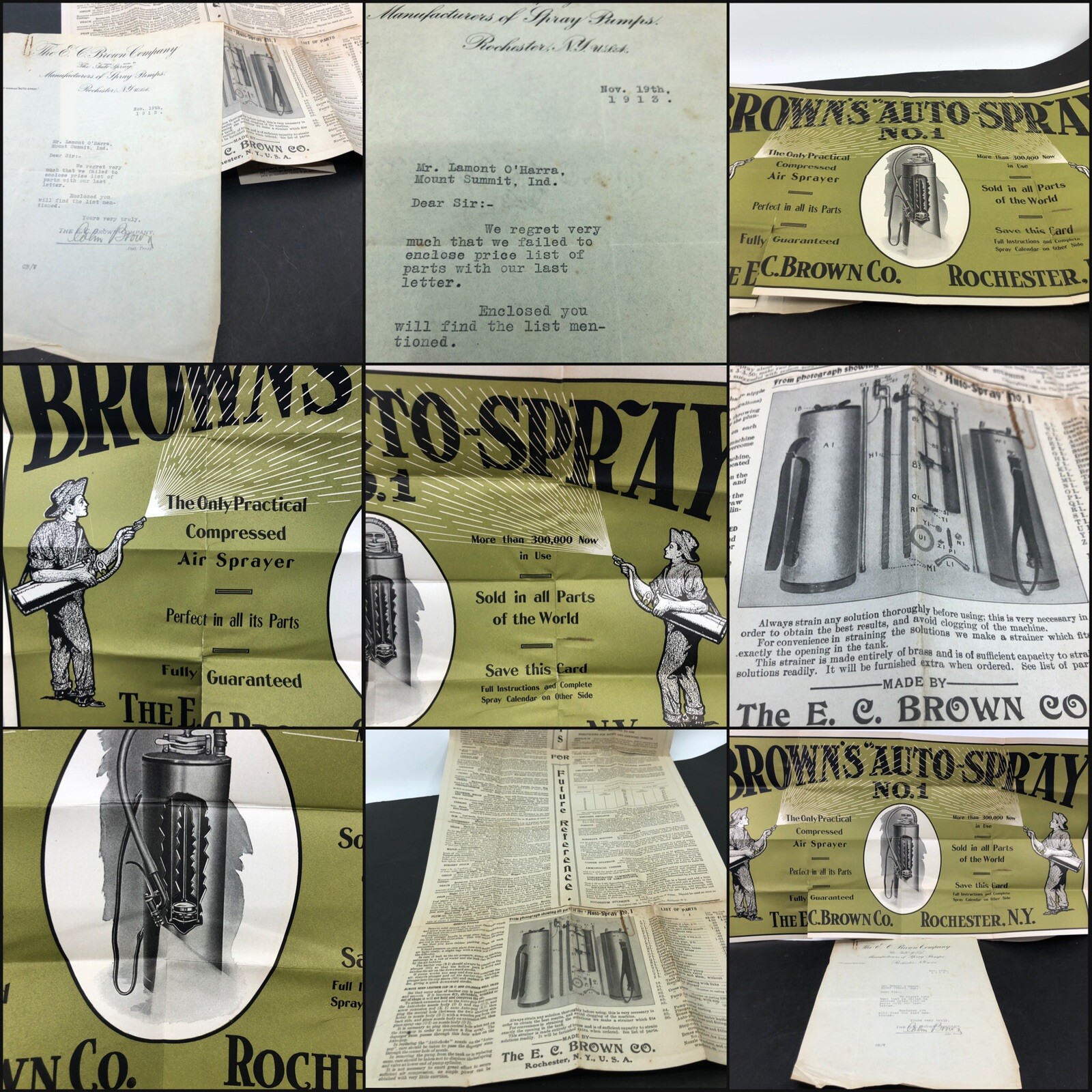 Large ADVERTISING POSTER 1913 Rochester, NY-E.C. BROWN Co SPRAY PUMP LETTERHEAD