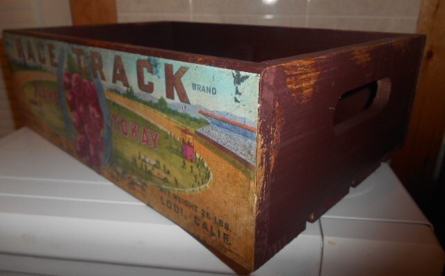 RARE! Vint. Wd. Fruit Crate 2-SIDE PAPER LABELS »RACE TRACK FLAME TOKAY,Lodi,CA. »
