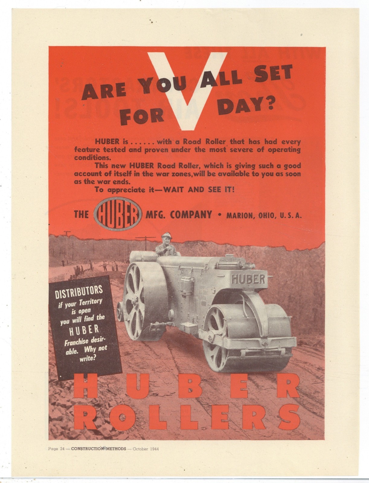 1944 Huber Mfg. Co. of Marion, OhiO Ad: Road Roller Dealer Promo, World War 2