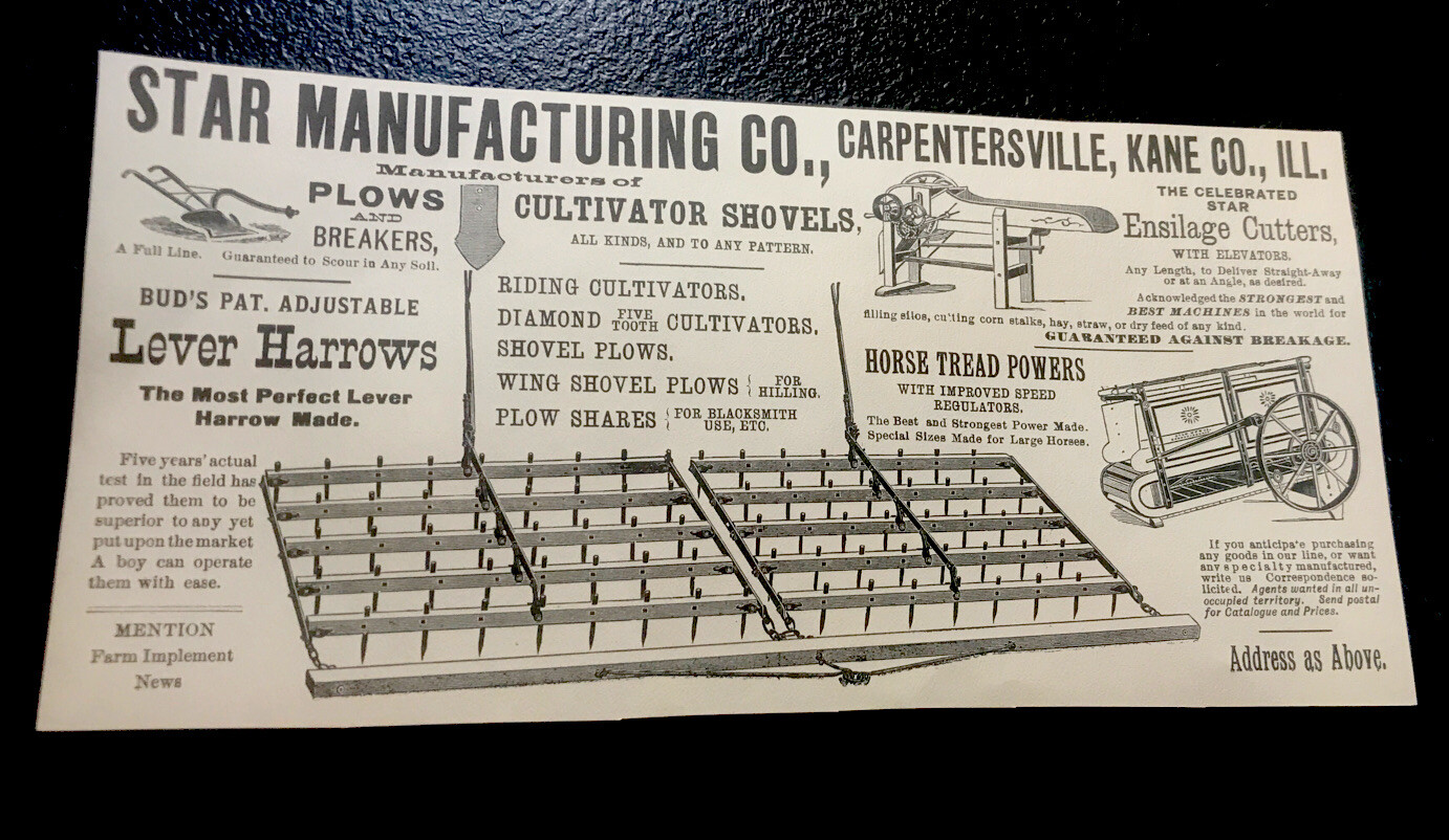 1889 Star Plows & Farm Implements Advertising – Carpentersville – Illinois