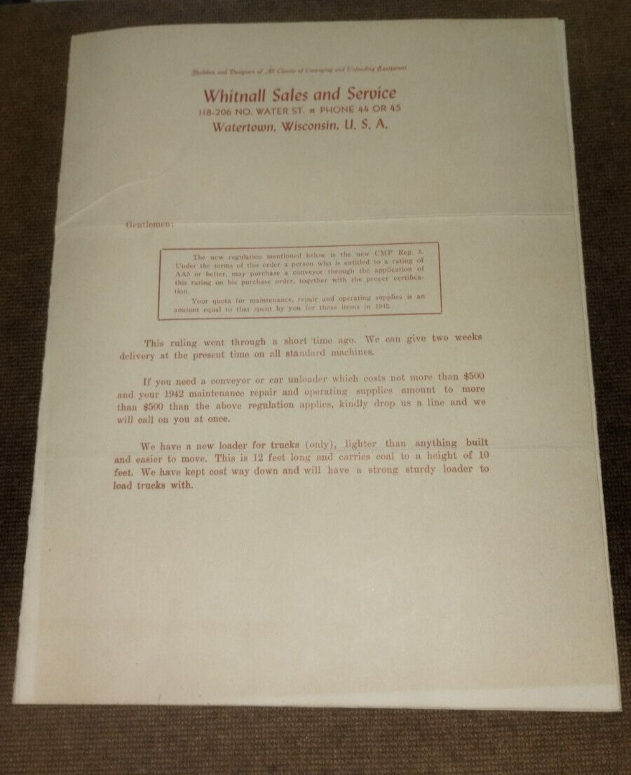 Coal Loader Conveyor Brochure Whitnall Sales Watertown Wisconsin 1942