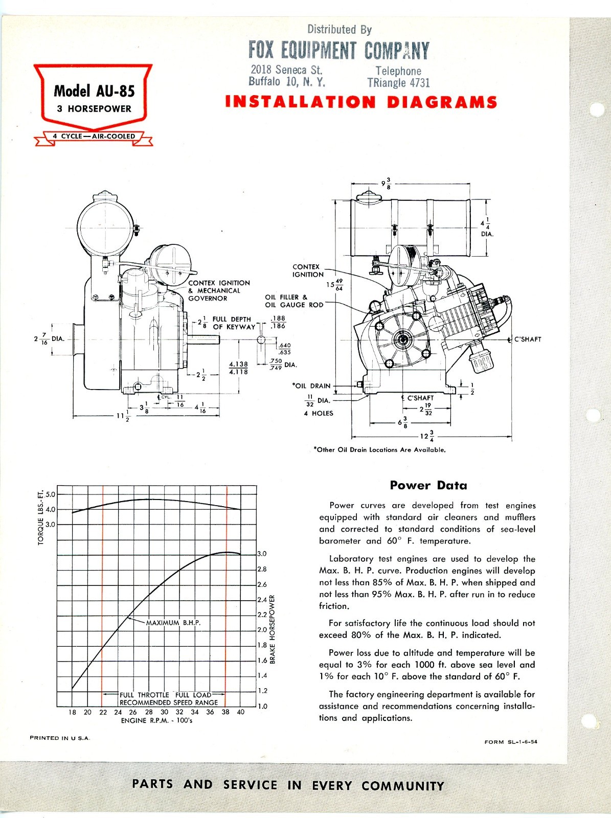 Continental Red Seal Air Cooled 3 HP Engine model AU-85 1954 sales brochure