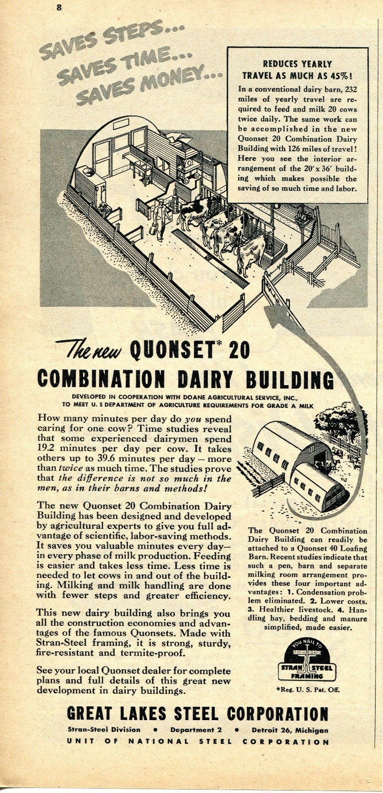 1948 Print Ad of Great Lakes Steel Corp Quonset 20 Combination Dairy Building
