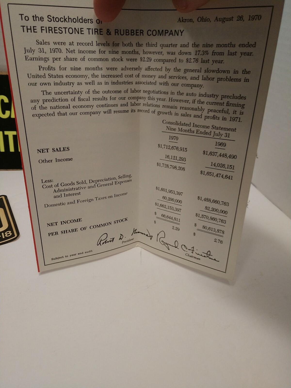 Vintage Firestone Tire & Rubber Co Income Statement 1970 And Other Misc. Vintage