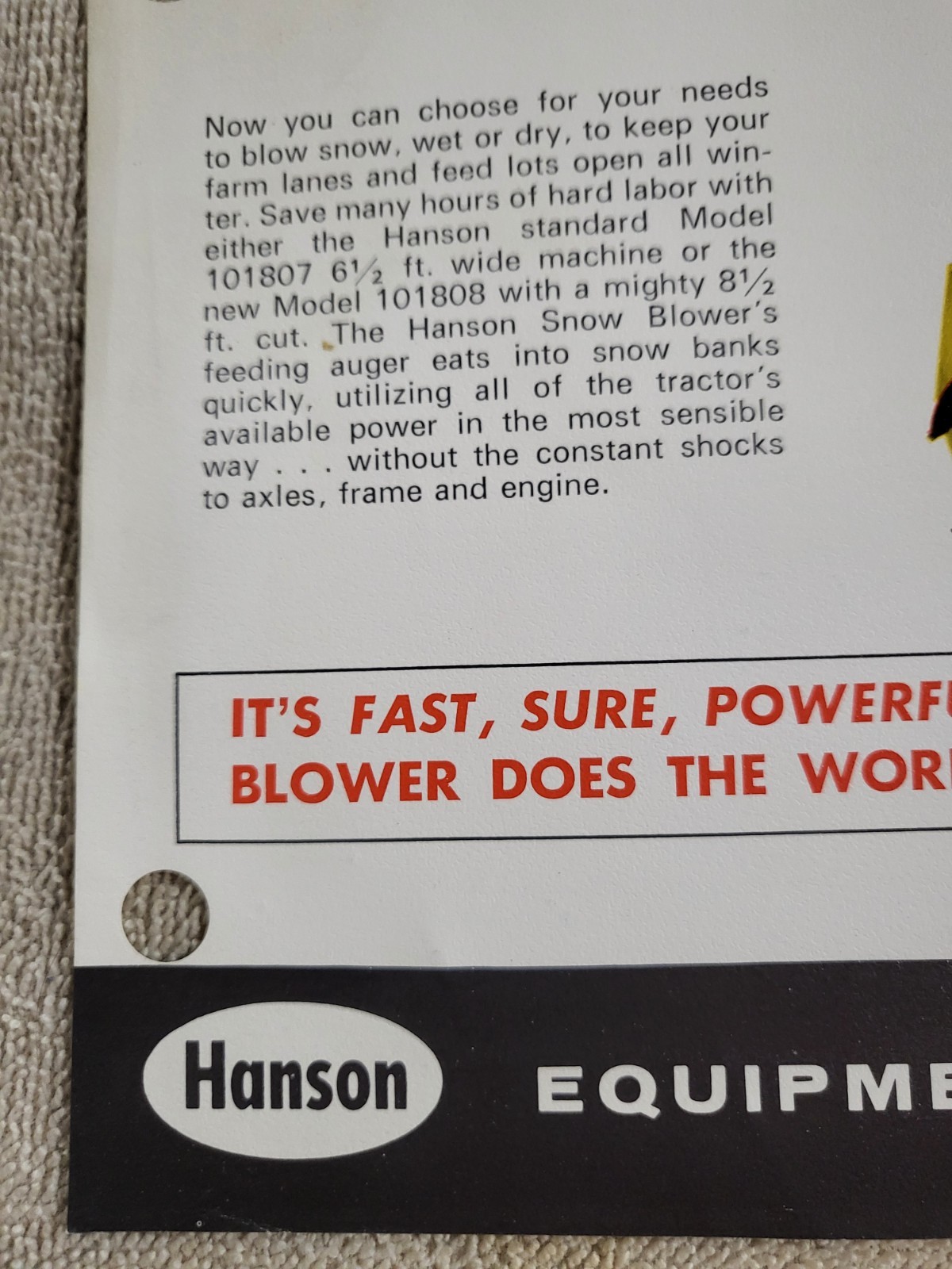 HANSON Vintage 1960s Snowblowers Sales BROCHURE Tractor Rear Mount PTO 3point