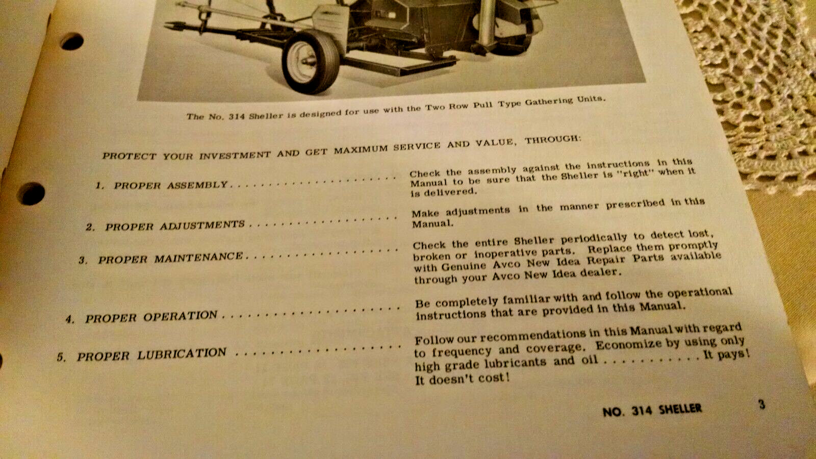 AVCO NEW IDEA SHELLER 314 OPERATOR&rsquo;S MANUAL CS-157 2 ROW PULL TYPE 2500-9/68-OZ.