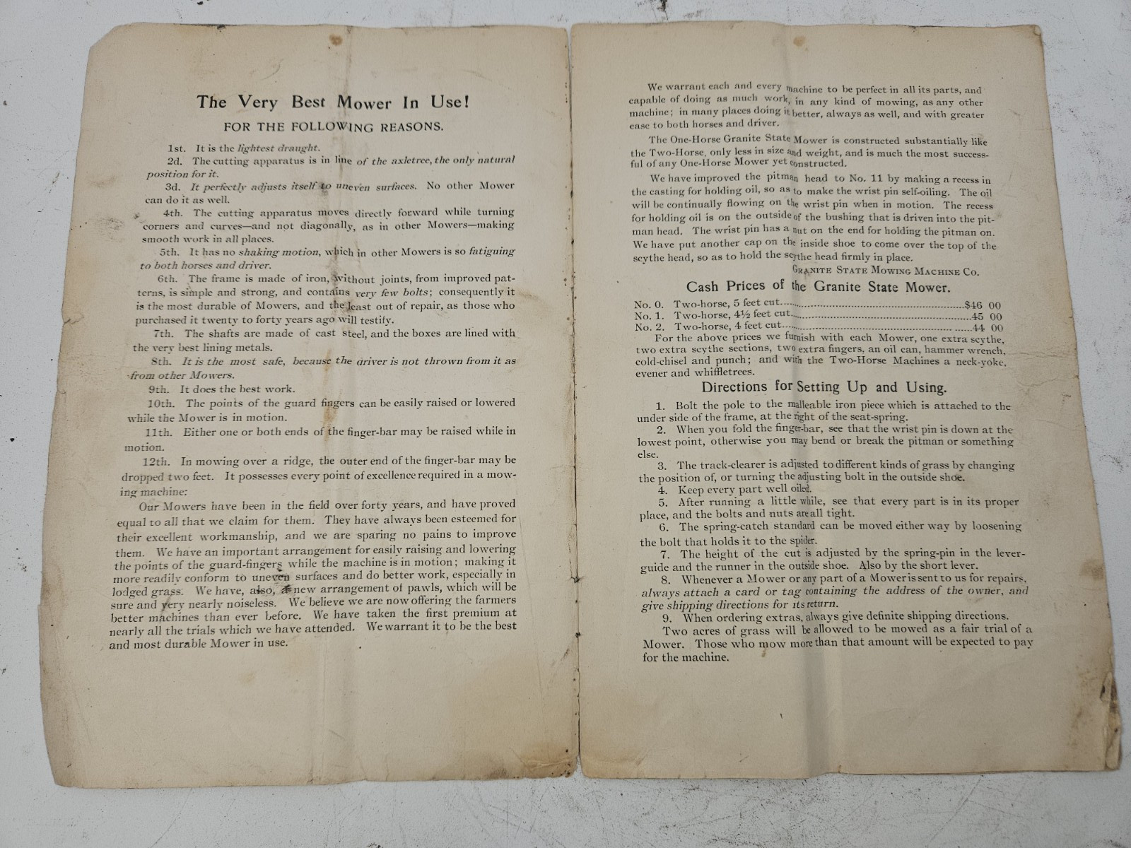 Antique Granite State mowing machines, Mowers parts & Sales catalogs and Wrench