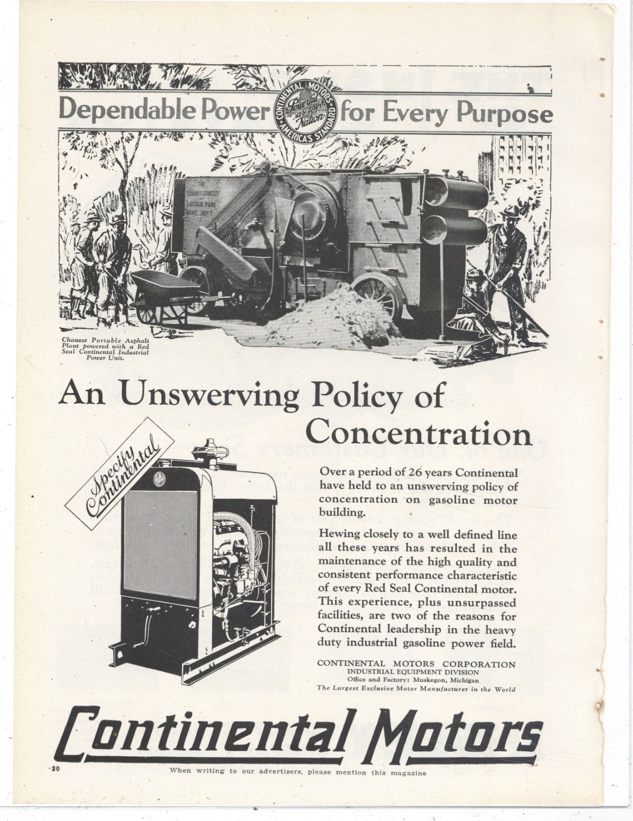 1927 Continental Motors Ad: Chausse Portable Asphalt Plant Pictured