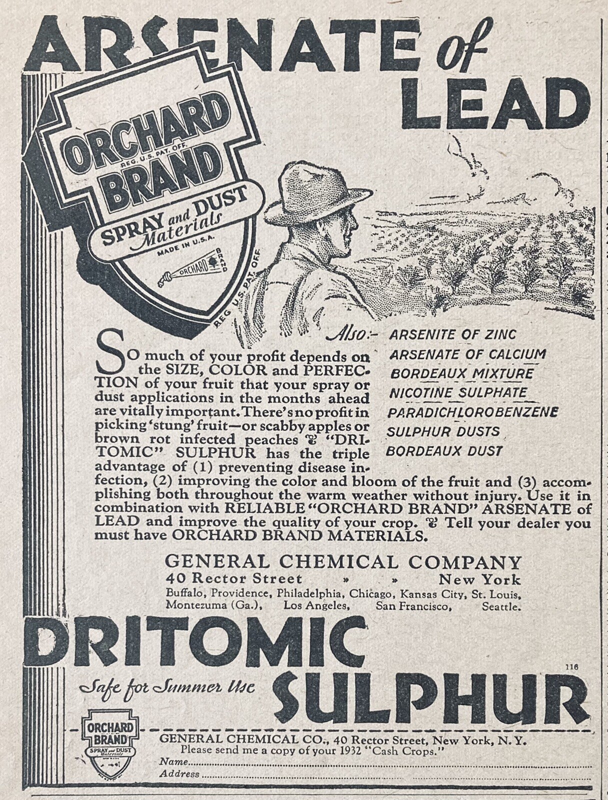 1932 AD(XH33)~GENERAL CHEMICAL CO. NYC. ORCHARD BRAND DRITOMIC SULPHUR