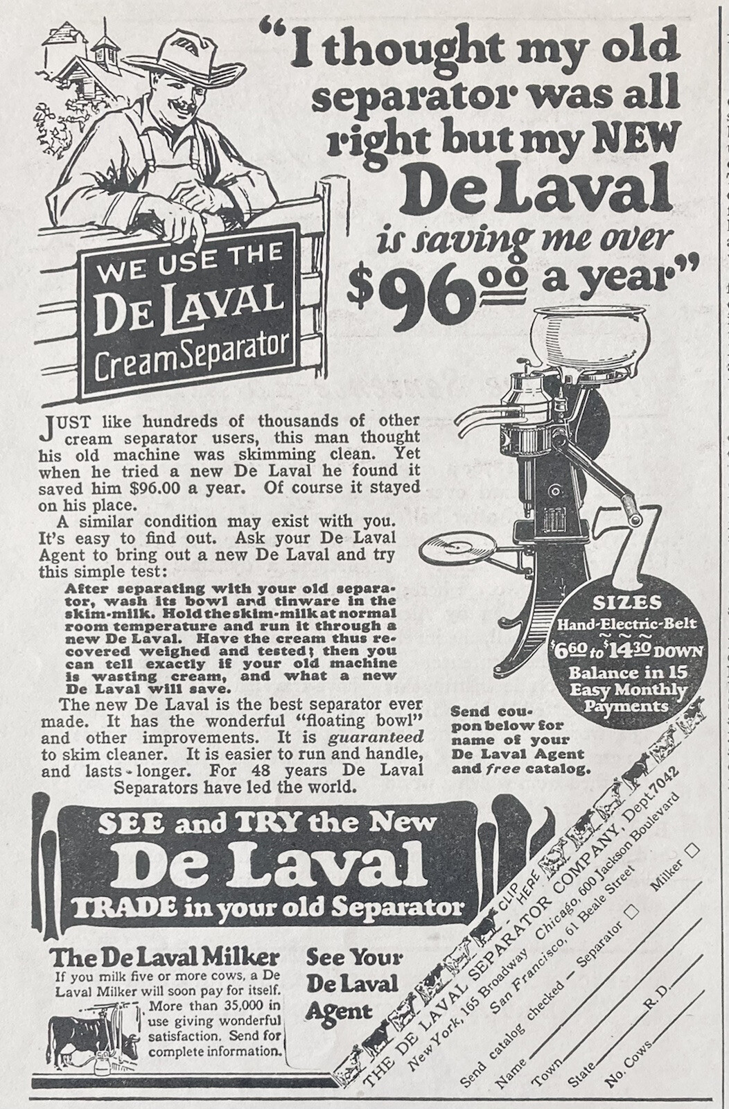 1926 AD.(XG23)~DE LAVAL SEPARATOR CO. NYC. DAIRY CREAM SEPARATOR