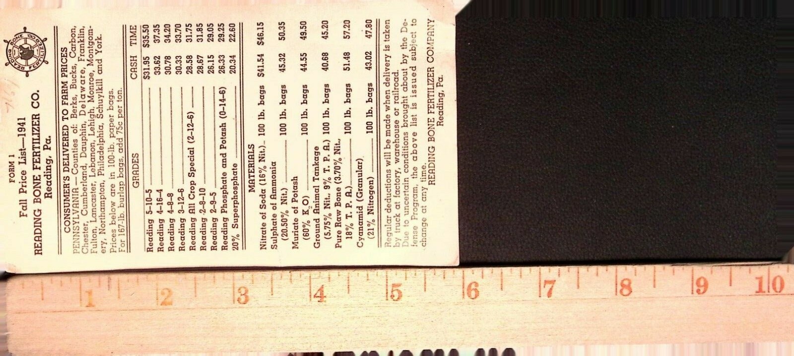 Reading Bone Fertilizer Co. 1941 Fall Price List Pennsylvania Agriculture Ad