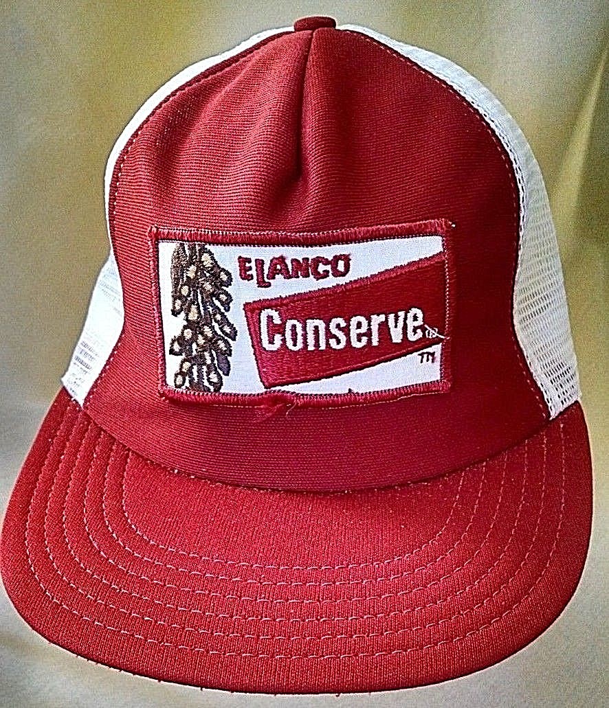 ELANCO CONSERVE HAT BASEBALL BALL CAP PATCH PEANUTS SOYBEANS RED USA VINTGE ADJ.