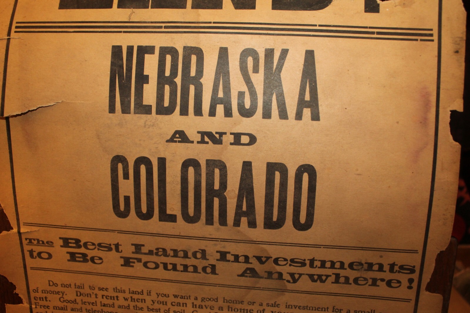 Antique Western Land Sale Handbill Poster Hawkins Bros Lincoln Nebraska Colorado
