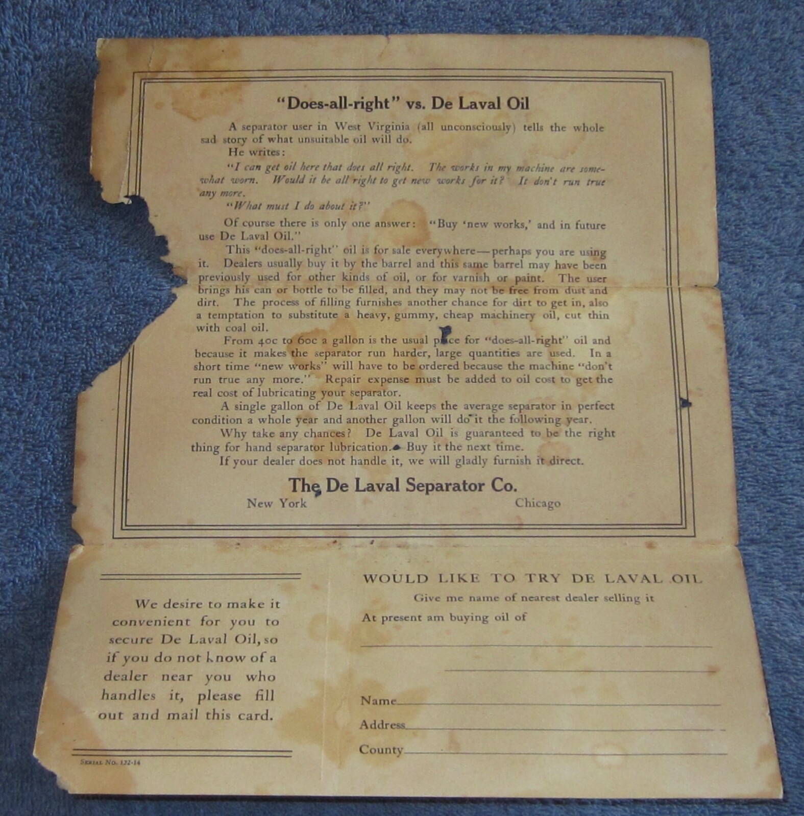 1914 De Laval Oil Separator Vintage Advertising Mailer Flyer