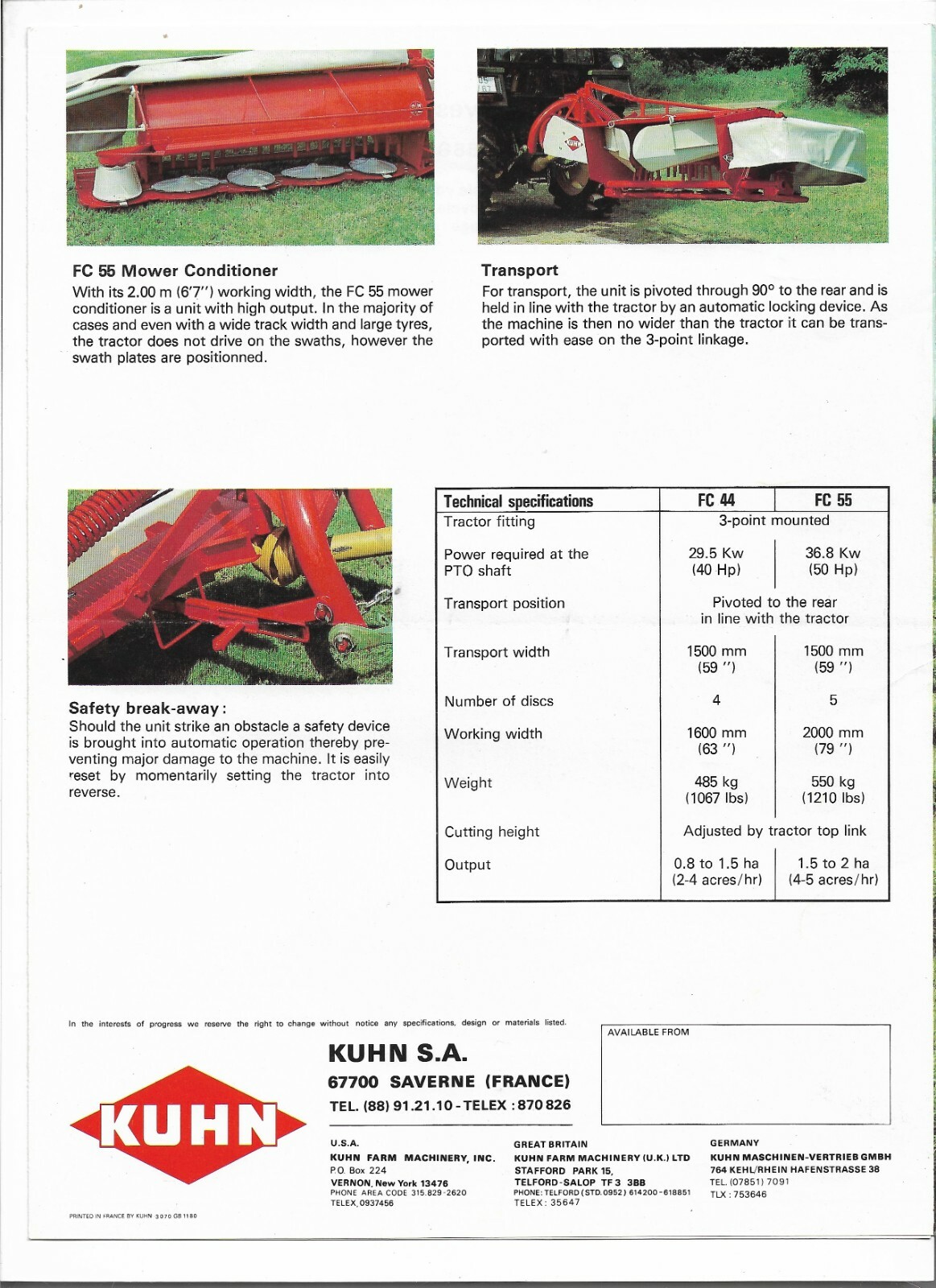 Original Kuhn FC44 and FC55 Mower Conditioners Sales Brochure Form # 3070 GB1180