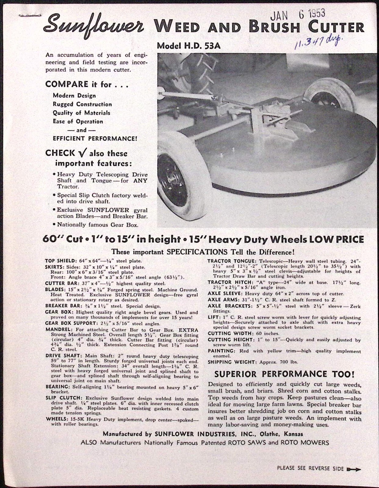 1953 Sunflower Utility Weed & Brush Cutter Model 50U Sunflower Industries Olathe