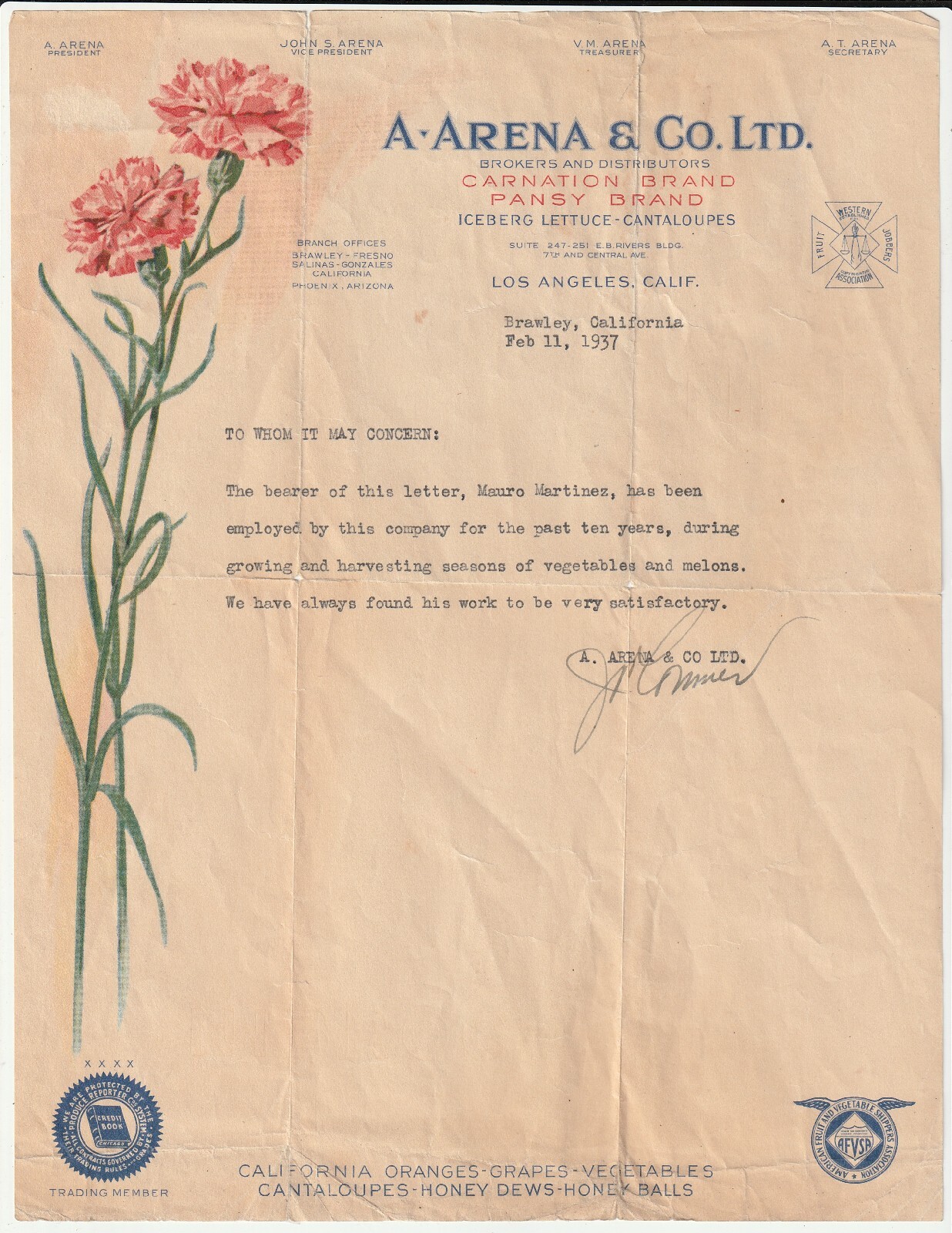 Color Letterhead A Arena & co ltd flower & vegetable distributer 1937