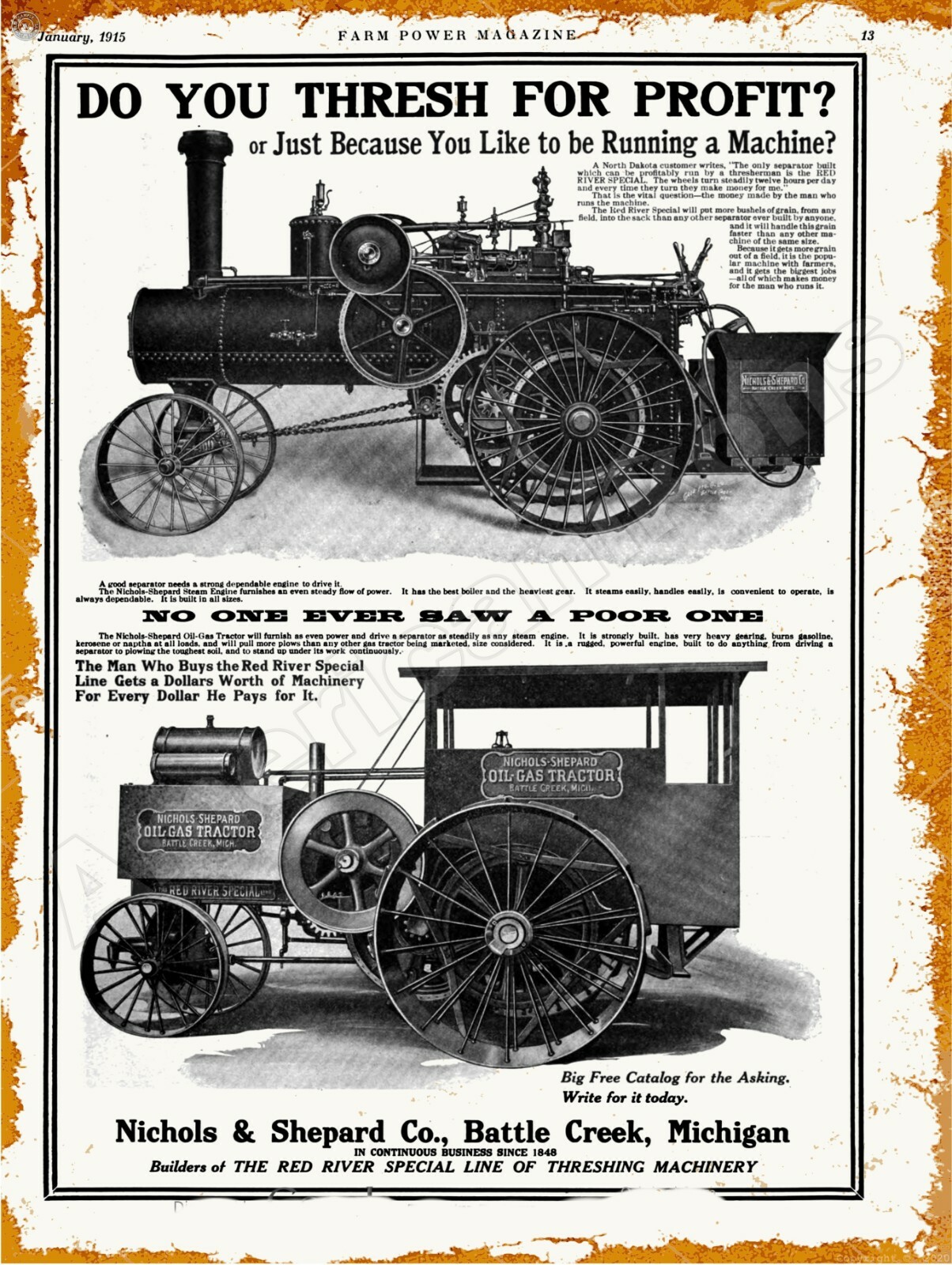 1915 Nichols & Shepard New Metal Sign: Oil Gas Tractor & Steam Traction Engine
