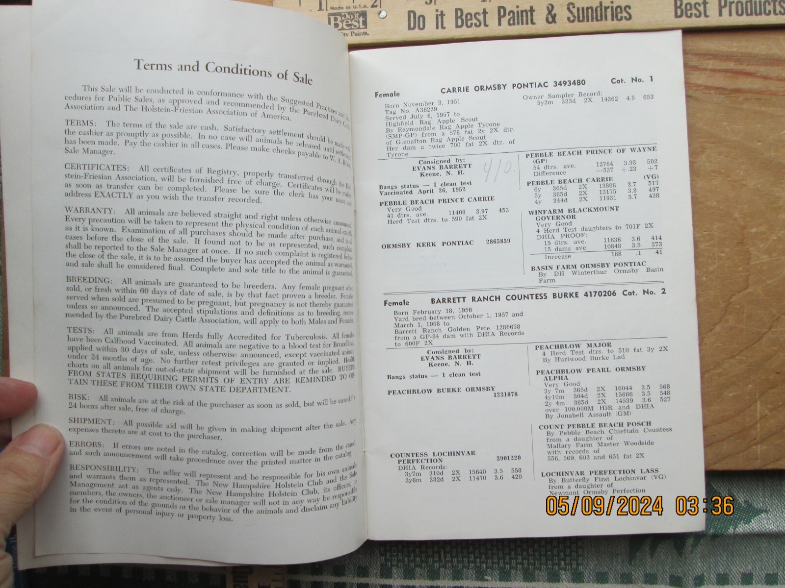Catalog of New Hampshire consignment sale of registered holstein cattle 1958