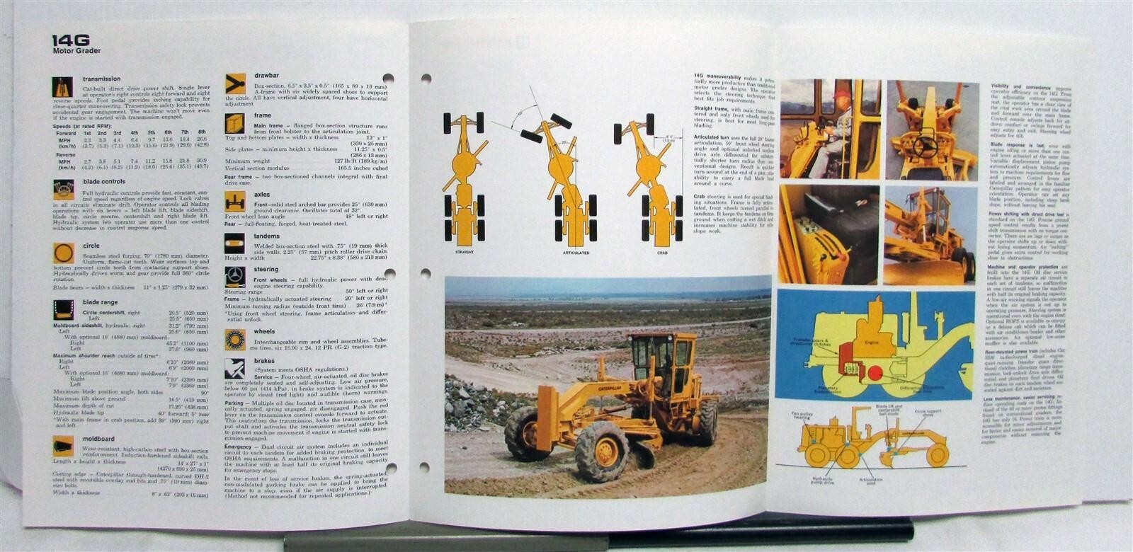 1975 CAT No 14G Road Motor Grader Construction Specifications Sales Tri-Folder