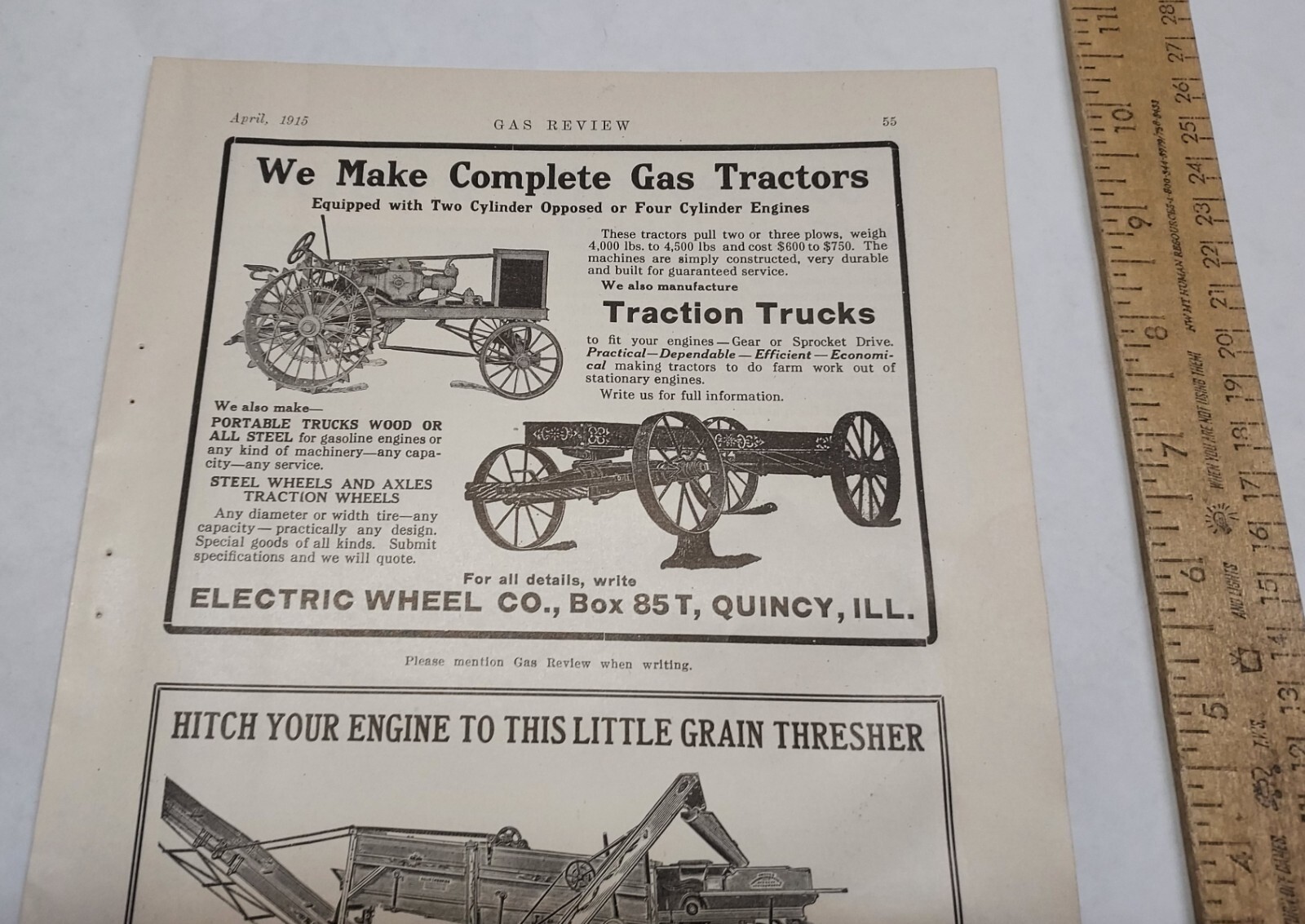 1915 – Ellis Keystone Ag Works – GRAIN THRESHER – magazine ad – listing #5892