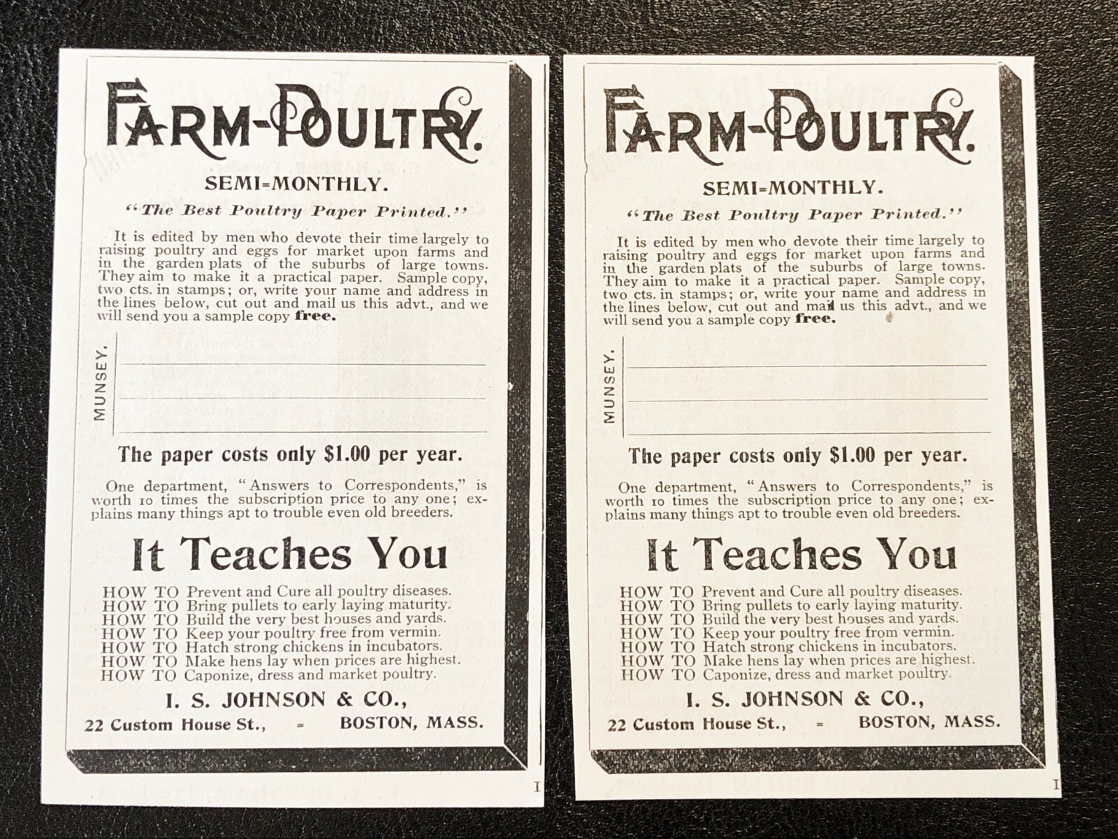 1897 FARM-POULTRY Print Ads~Vtg Magazine Subscription 4 Journal Raising Chickens