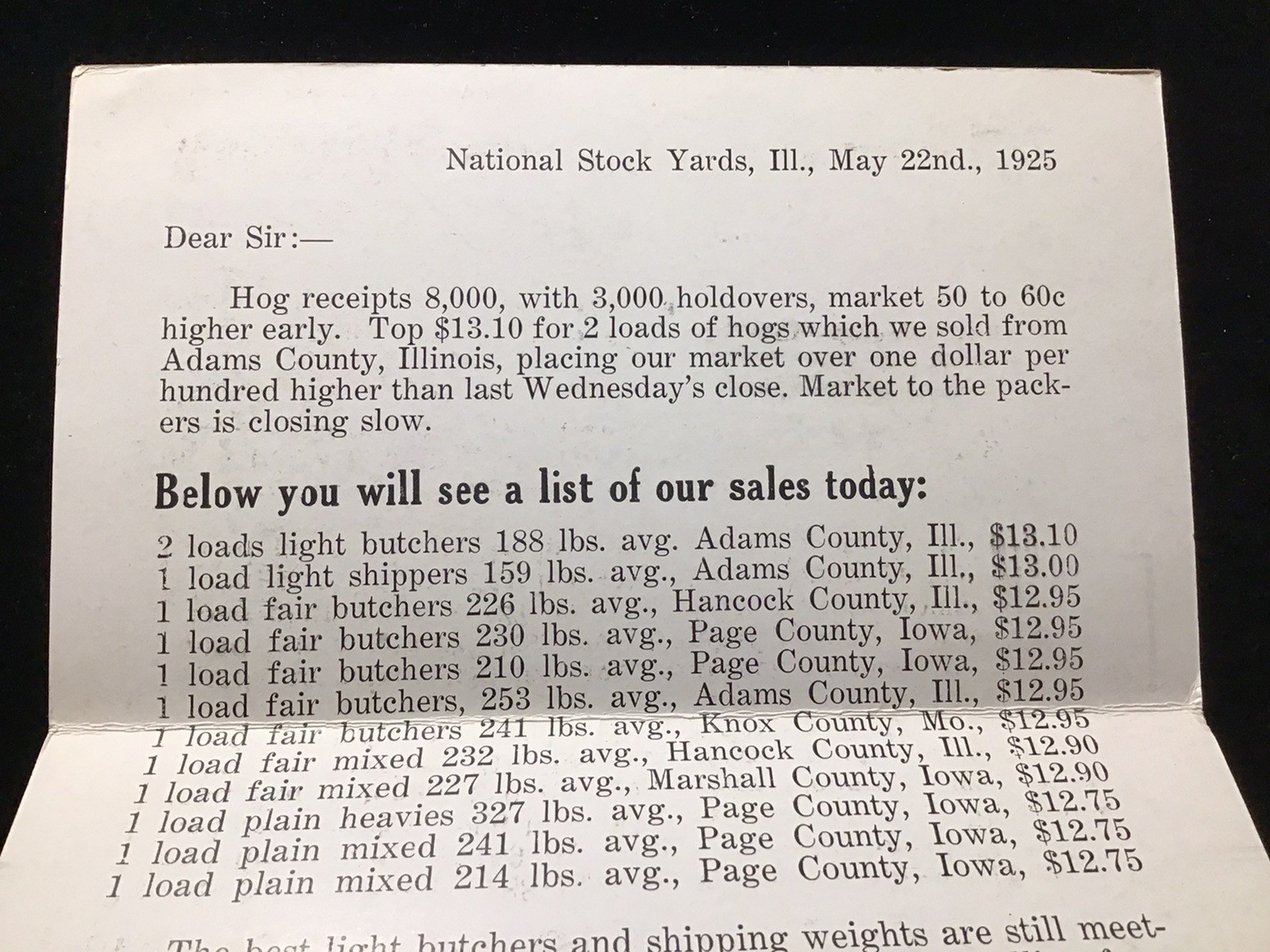 1925 NATIONAL STOCK YARDS IL WOODSON-FENNEWALD LIVE STOCK COMMISSION HOG PRICING