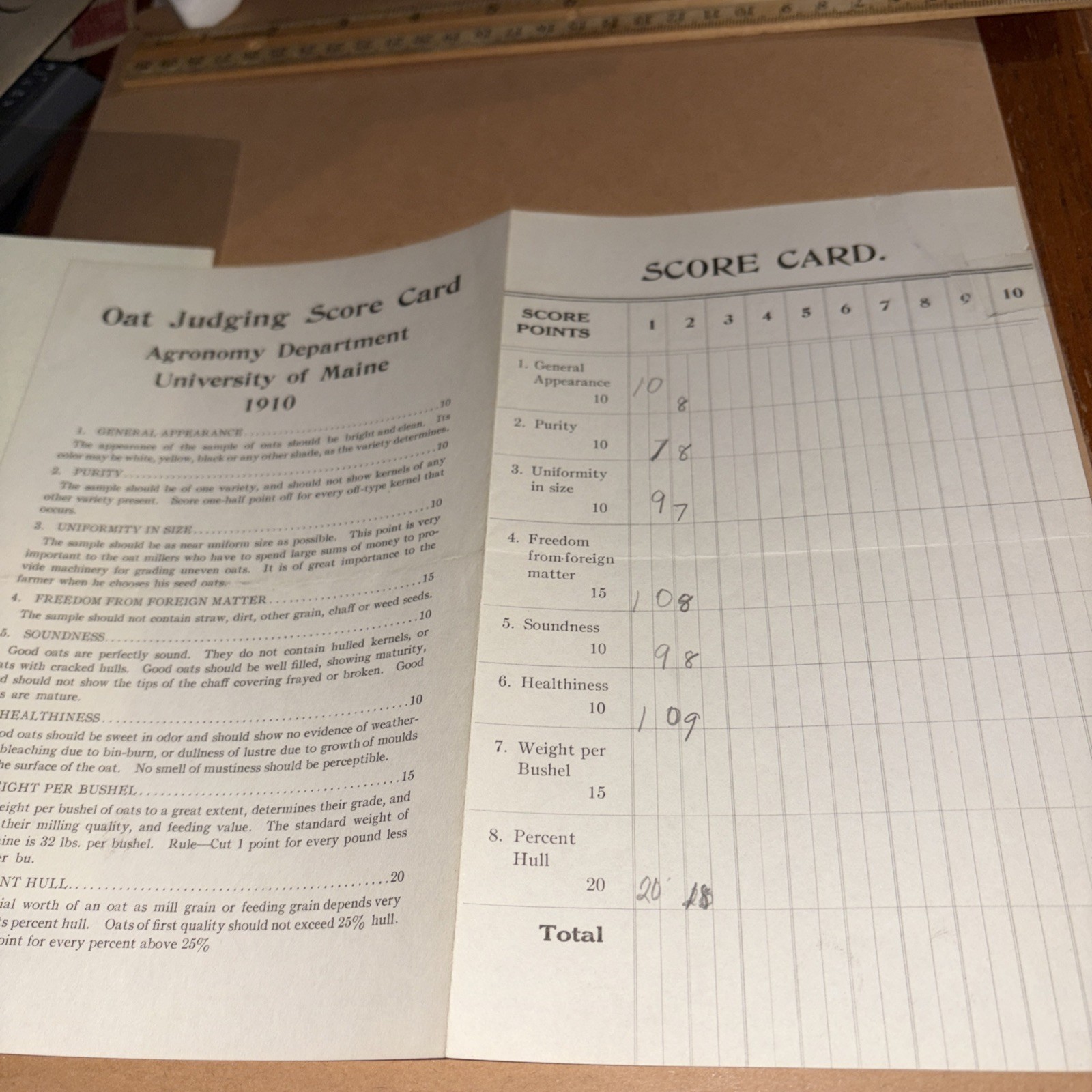 Antique 1910 University of Maine Oat Judging Score Card