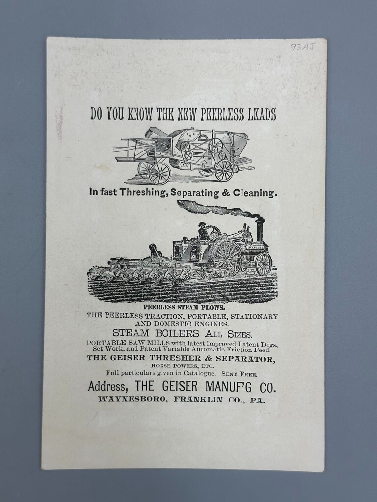 1880s PEERLESS STEAM ENGINE Geiser THRESHER Farm Advertise Trade Card WAYNESBORO
