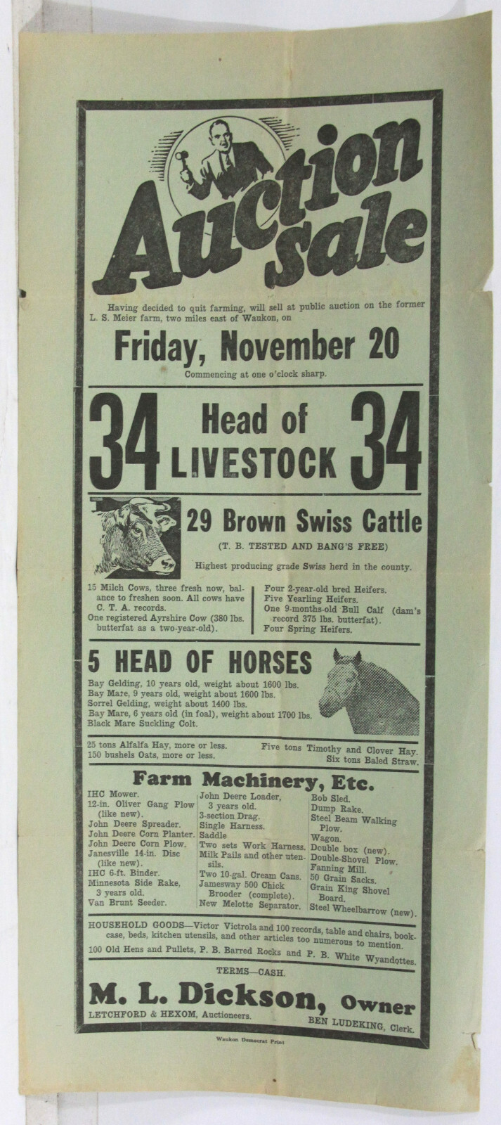 Farm Auction Broadside – Livestock & Farm Machinery & Household Waukon IA c1936