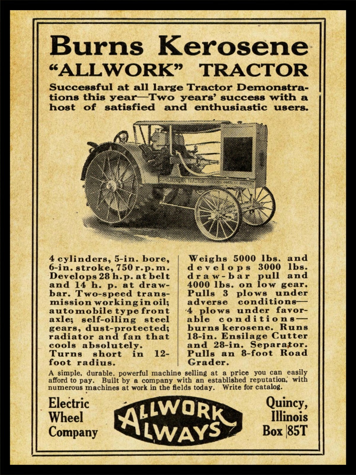 1917 Allwork Tractors, Quincy, Illinois NEW Metal Sign – 24&Prime; x 30&Prime; STEEL – 7lbs.