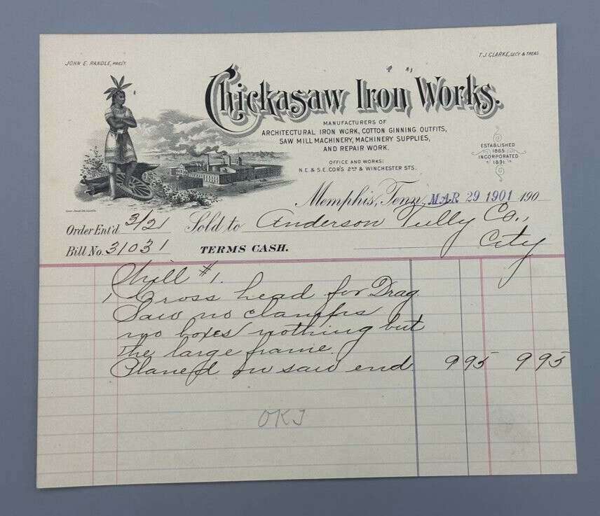 1901 CHICKASAW IRON WORKS Letterhead COTTON GIN Antique Farm Advertising MEMPHIS