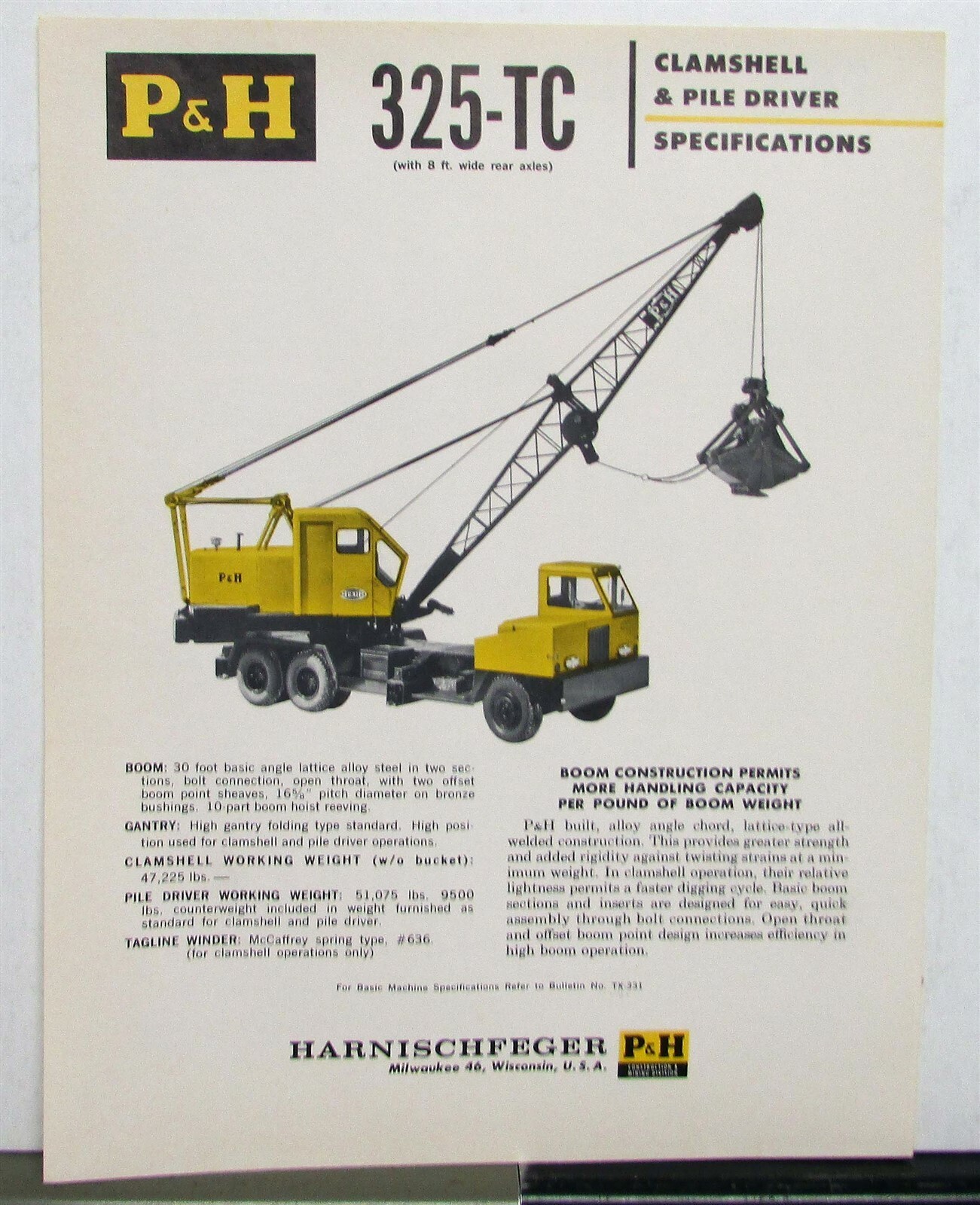 1961 P&H 325 TC Clamshell Specifications Diagrams Construction Sales Sheet