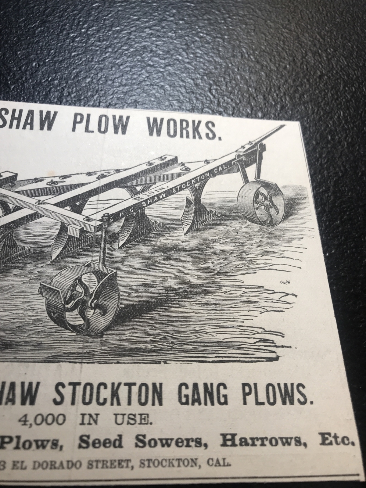 1882 H.C. Shaw Plow Works Farm Advertising – Stockton – California