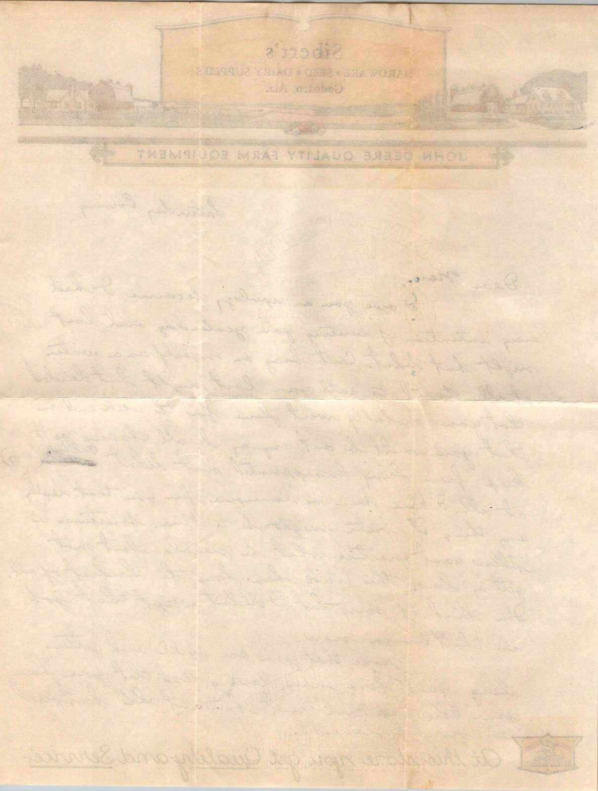 1936 John Deere Farm Equipment Sibert&rsquo;s Hardware Gadsden Al Letterhead & Cover