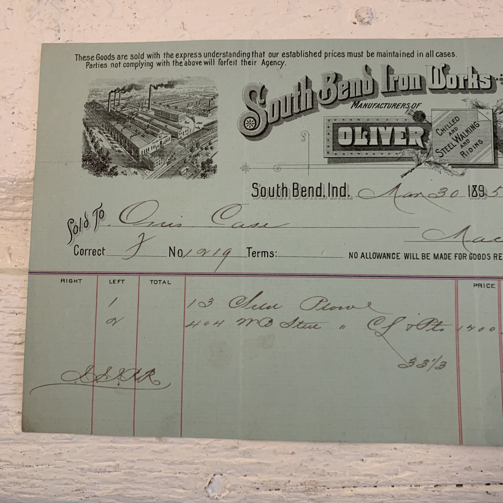 Antique 1895 Farm Receipt South Bend IN South Bend Iron Works~ Oliver Plows