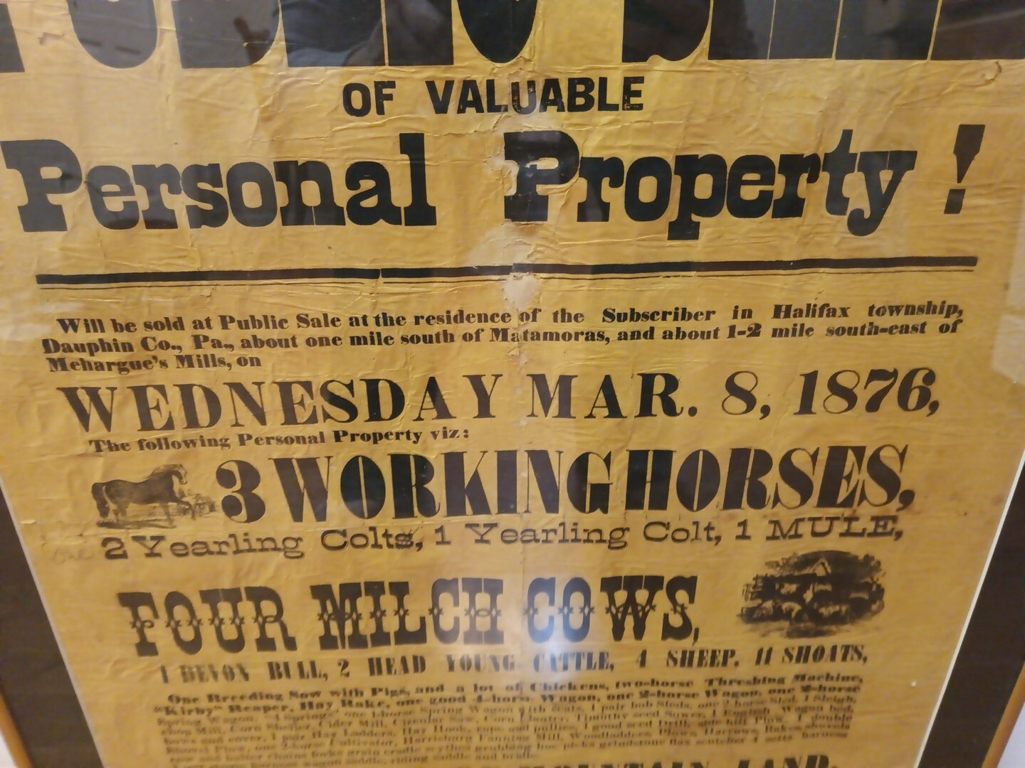 1876 Public Farm Sale Framed Auction Notice, Halifax Township, Pennsylvania