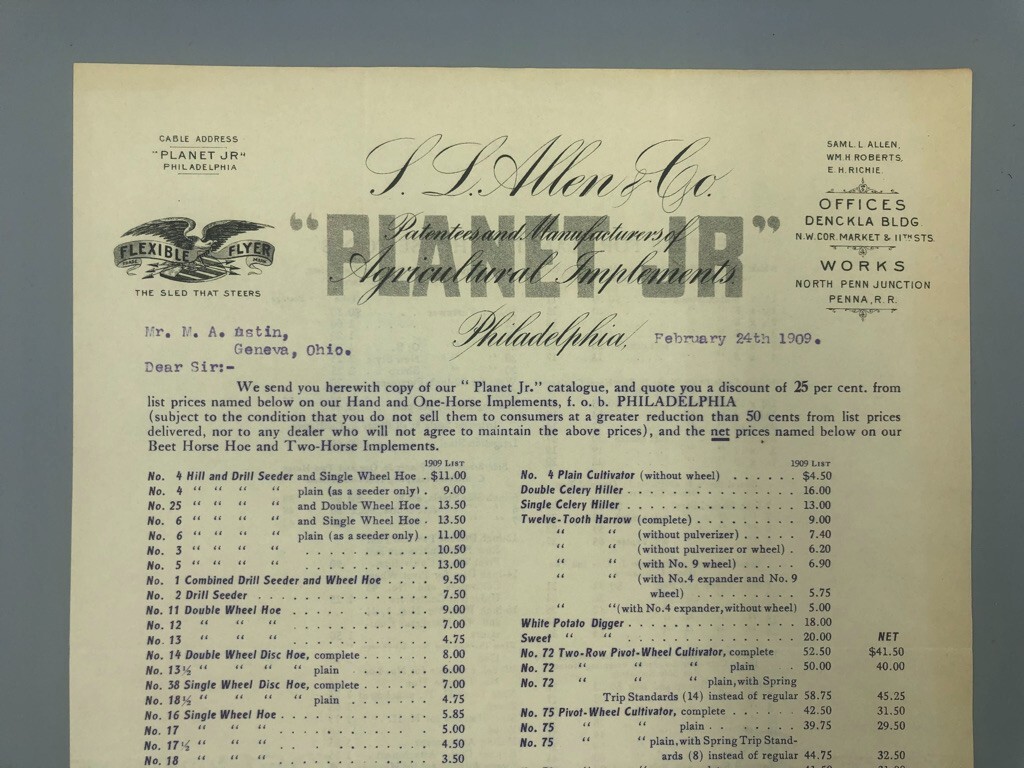 1909 PLANET Jr PLOW Price List Letterhead FARM ADVERTISING Antique Philadelphia