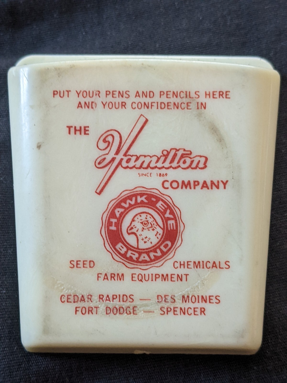 Hawk eye farm equipment dealer advertising pen holder cedar rapids, Des Moines