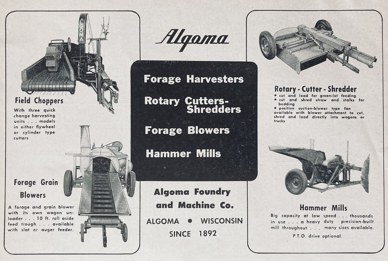 1958 AD.(XH67)~ALGOMA FOUNDRY MACHINE CO. ALGOMA, WIS. FORAGE HARVESTERS MILLS
