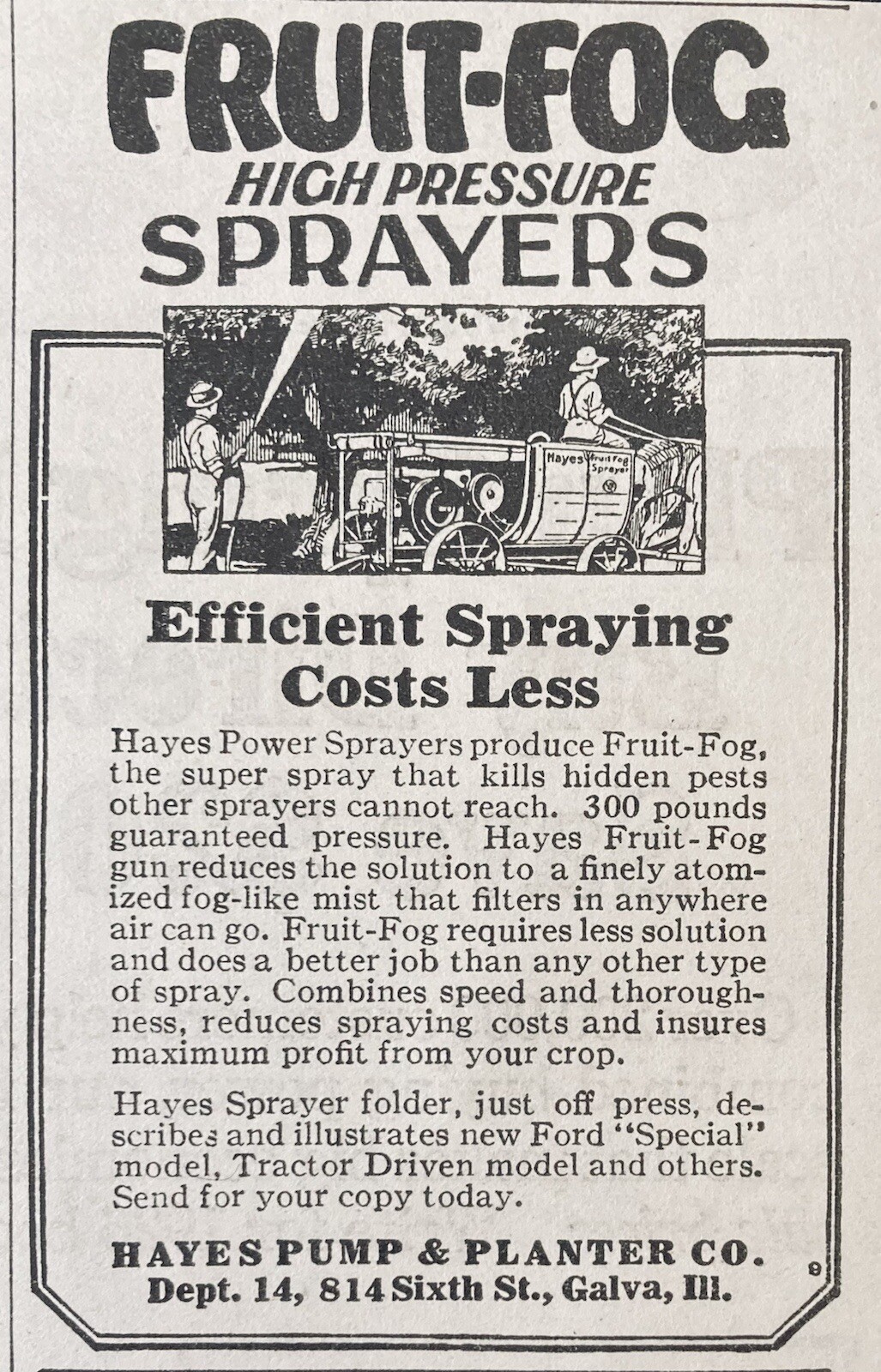 1926 AD.(XG21)~HAYES PUMP & PLANTER CO. GALVA, ILL. FRUIT-FOG ORCHARD SPRAYERS