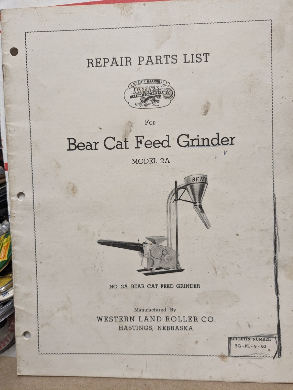 1963 Repair Parts List Bear Cat Feed Grinder 2A Western Land Roller Hastings NE