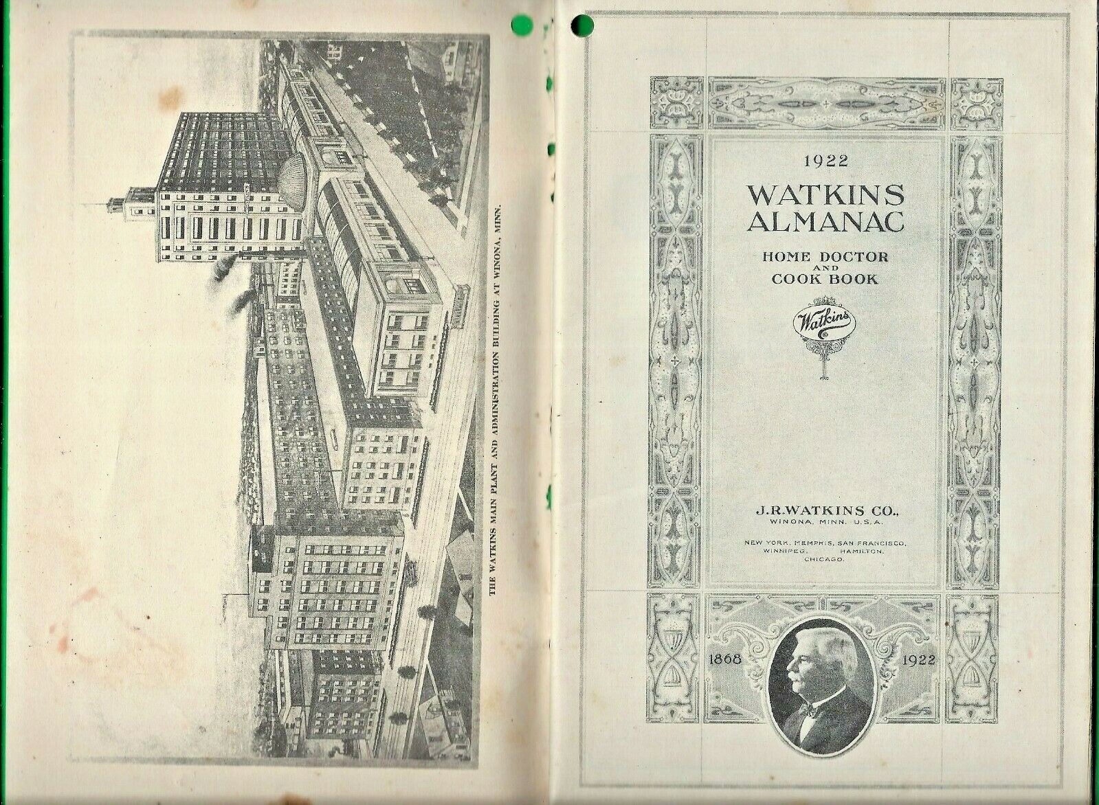 1922 WATKINS ALMANAC and HOME DOCTOR & COOK BOOK ~ MAIL-ORDER ~ WINONA, MN