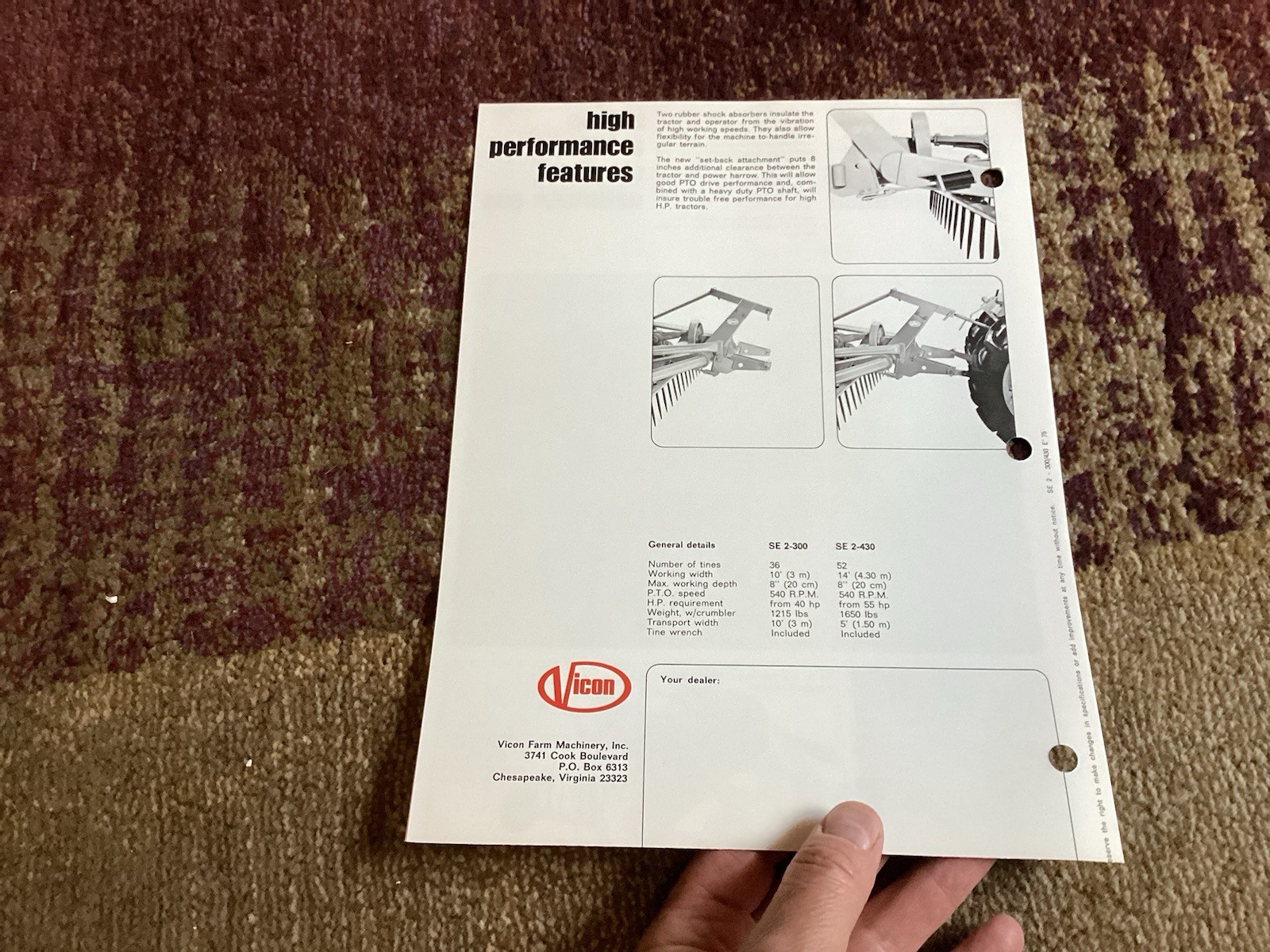 (5) 1975-6 Vicon Brochures – Rake, Harrow, Chisel Plow, Spreader