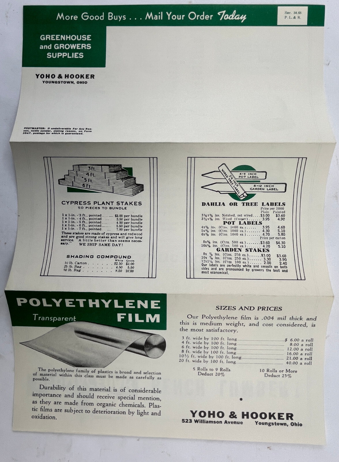 1959 Yoho & Hooker Greenhouses Catalog 157 Youngstown OH + Pricelist + other ads