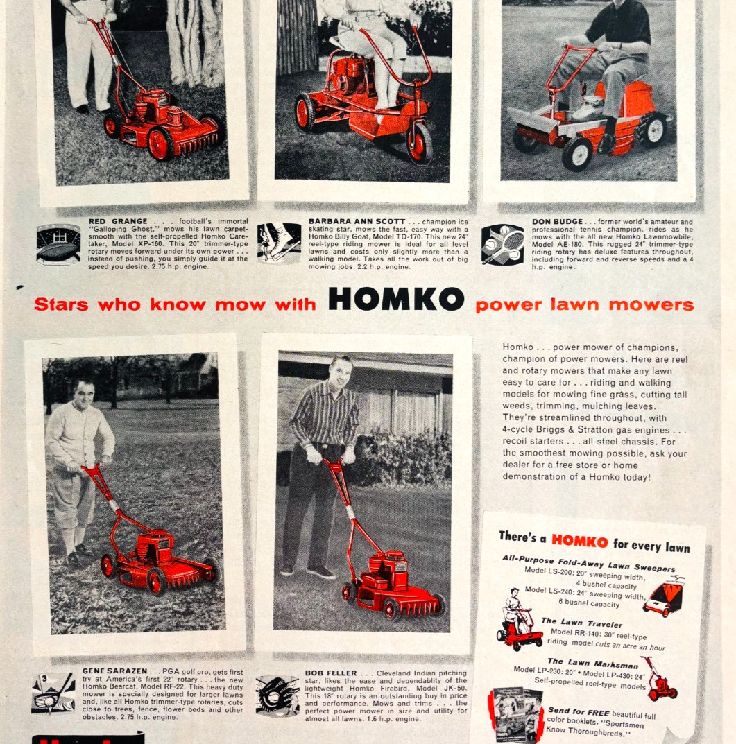1956 Homko Power Mowers Advertisement Vintage Red Grange Don Budge Feller DWYY5