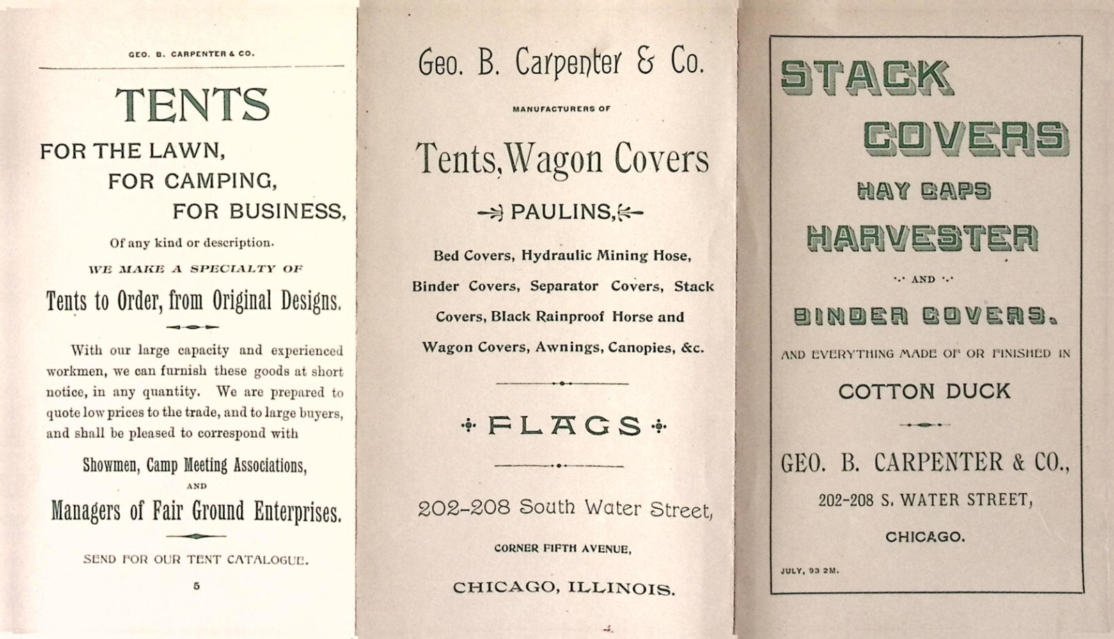 1893 Geo B Carpenter & Co Stack Covers Tent Paulins Flags Price List CHICAGO