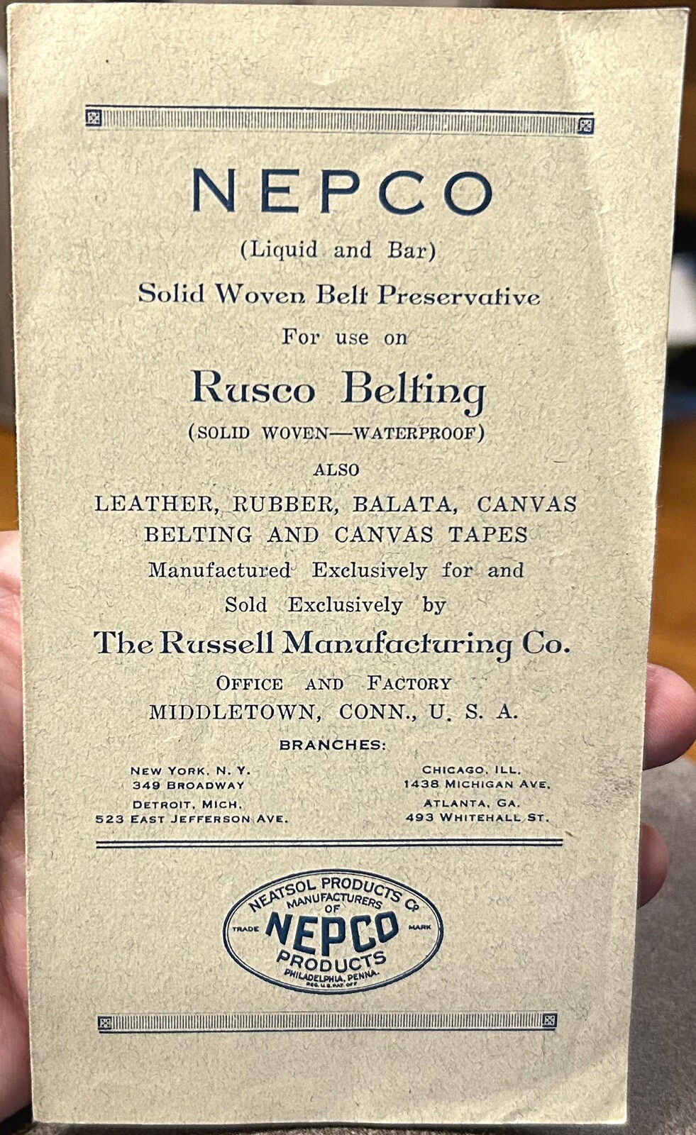 4-page Brochure Nepco / Rusco Belting Early 1900s
