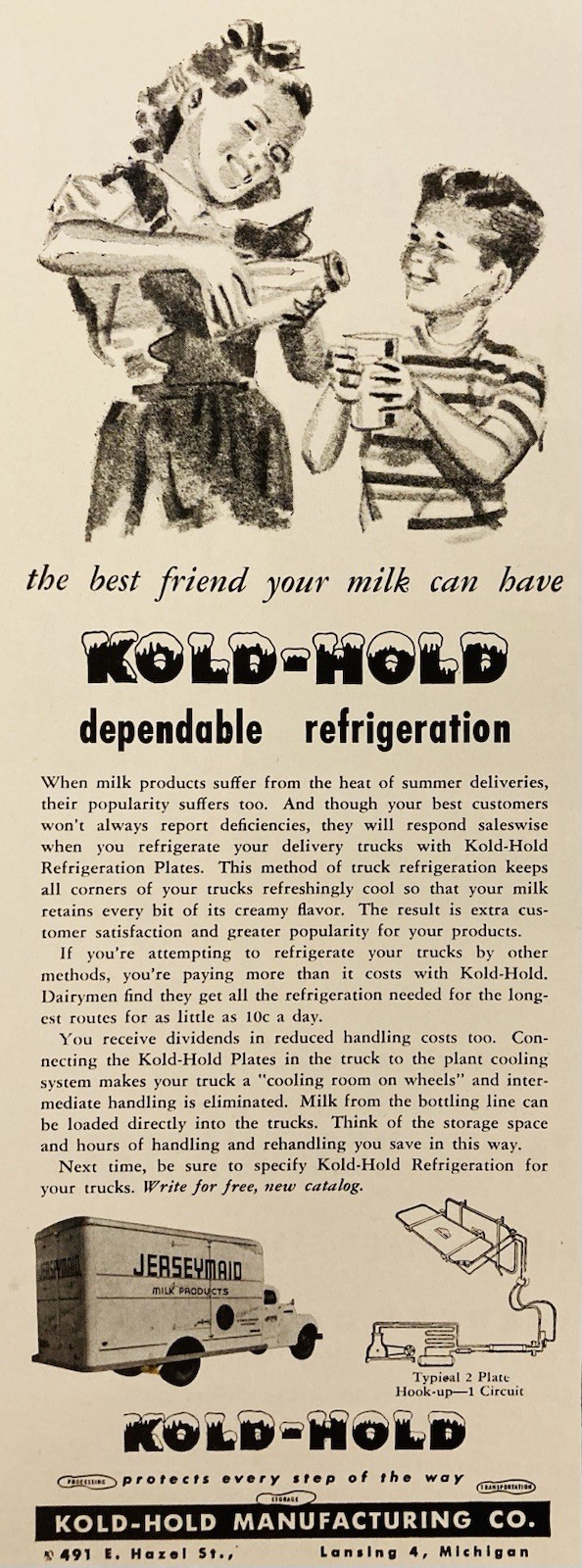 1951 AD.(PC10)~KOLD-HOLD MFG. CO. LANSING, MI. MILK DELIVERY TRUCK REFRIGERATION