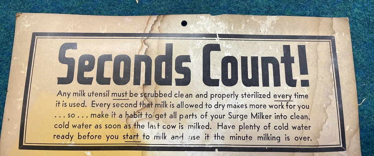 VTG Babson Bros. “SECONDS COUNT” Milking Equipment Sterilization 22”x14” Poster